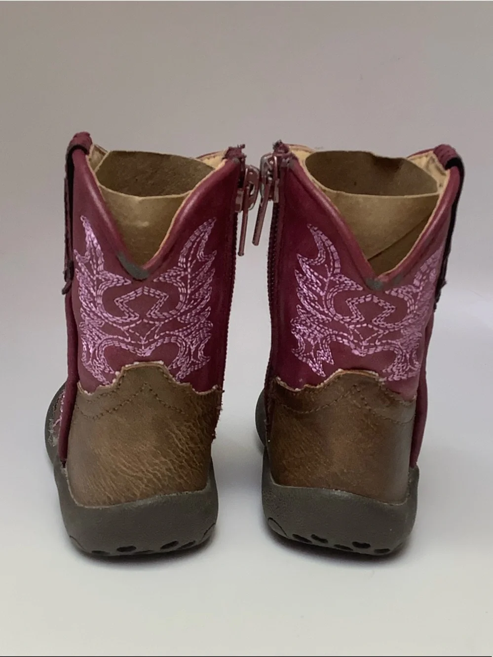 Roper Cowbabies Brown Burgundy Western-Style Boots Pink Stitching Baby Size 3